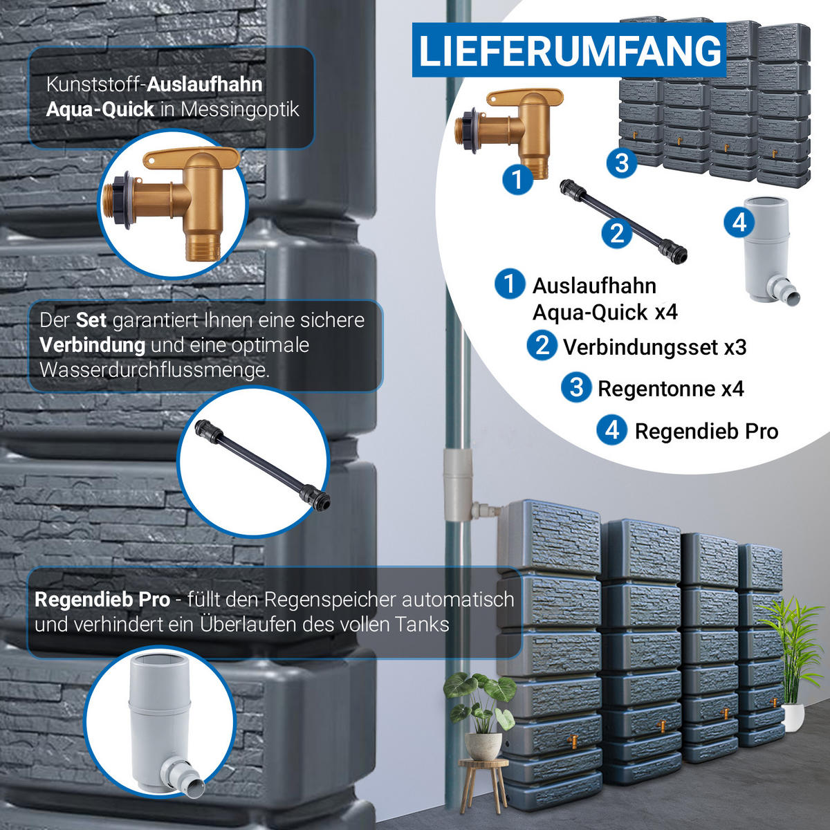 WANDTANK Komplett-Set 1400 L graphite grey 4 x 350 L inkl. Verbindungsset, Kunststoff-Auslaufhahn und Fallrohranschluss - Grau, Kunststoff (270/184/39cm) - 4rain