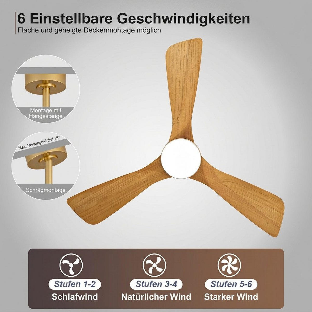 DECKENVENTILATOR & LED-Beleuchtung/Fernbedienung Sommer/Winter Betrieb - Goldfarben, Metall (107/107/53cm) - BEXEVUE