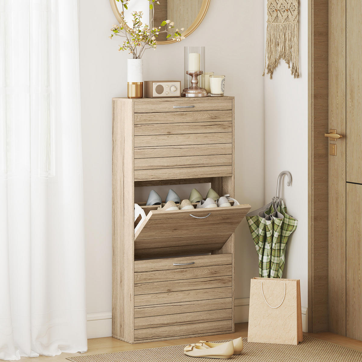 SCHUHSCHRANK,SCHMAL 3 Flügeltüren verstellbare Böden für 12 Paar,eiche - Beige, Holzwerkstoff (57/116/23.5cm) - Vallsero