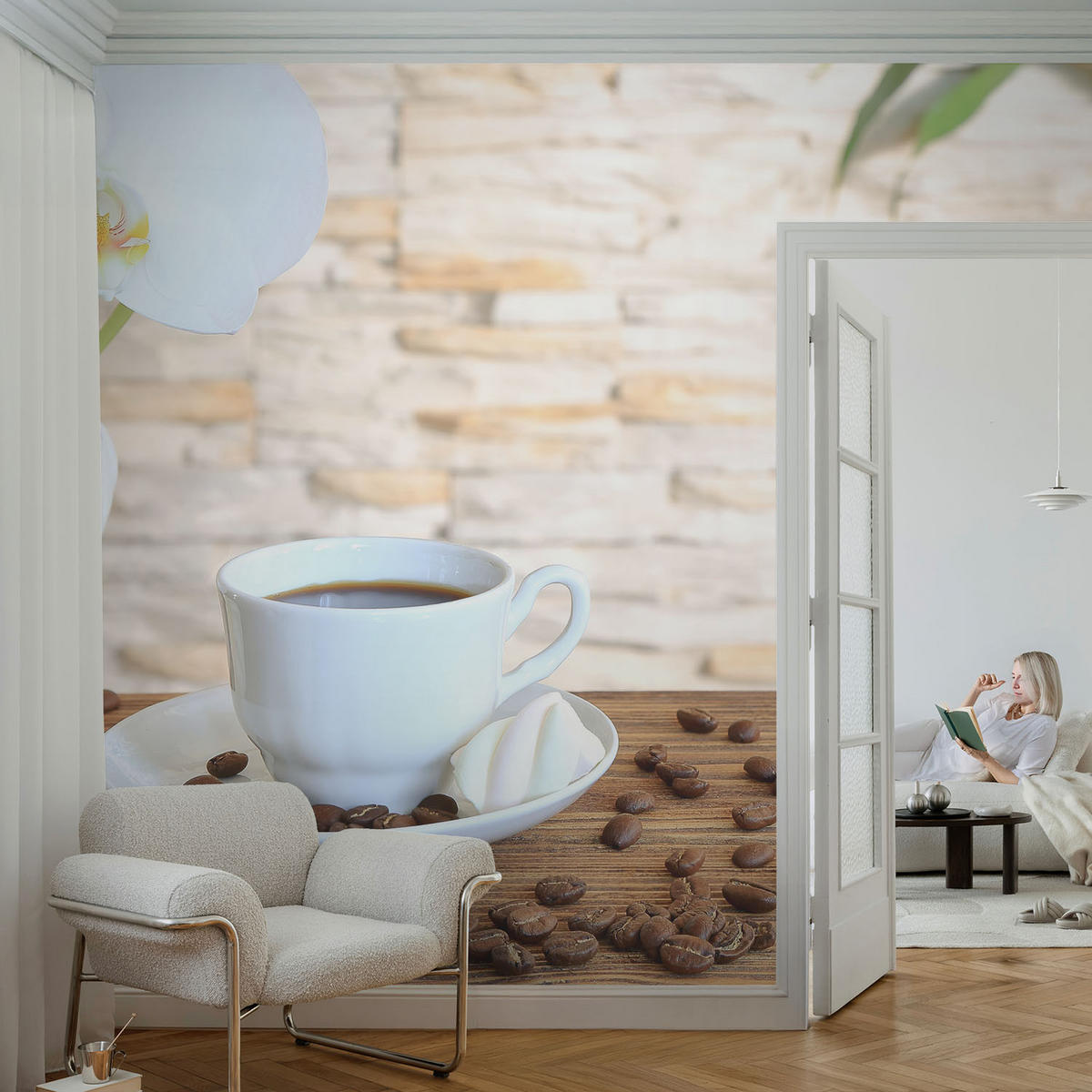 FOTOTAPETE 104x70 cm - Florale Entspannung - Weiß, Textil (104/70cm) - Wallfluent