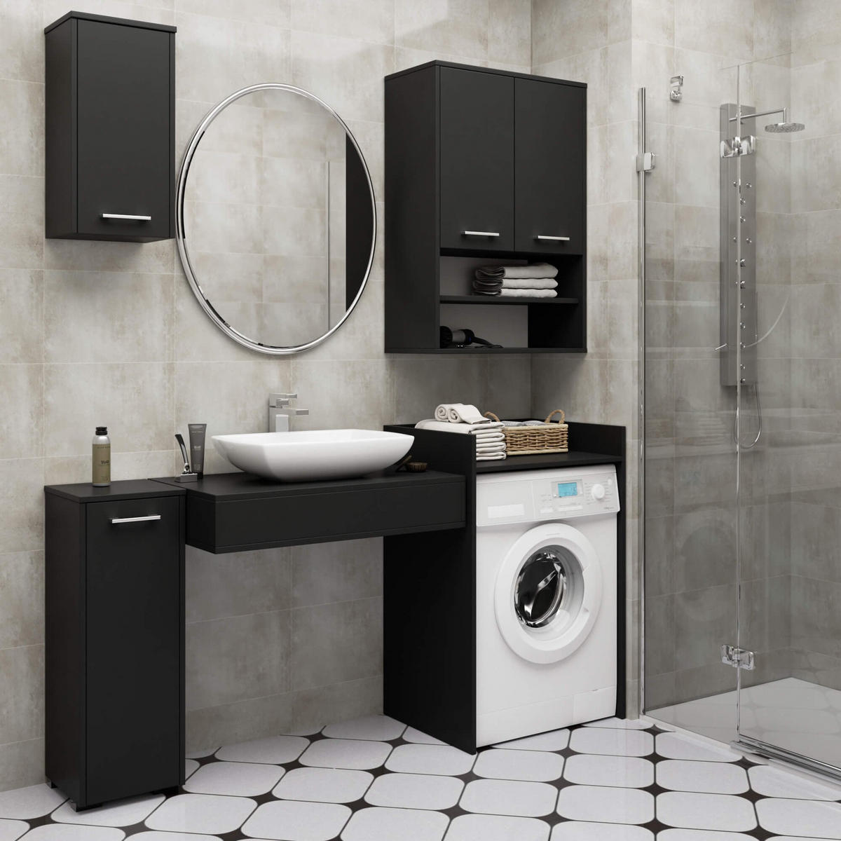 WASCHMASCHINENSCHRANK FIN, 50x64x98 cm, Schwarz - Schwarz, Holz (64/98/50cm) - Milordbikes