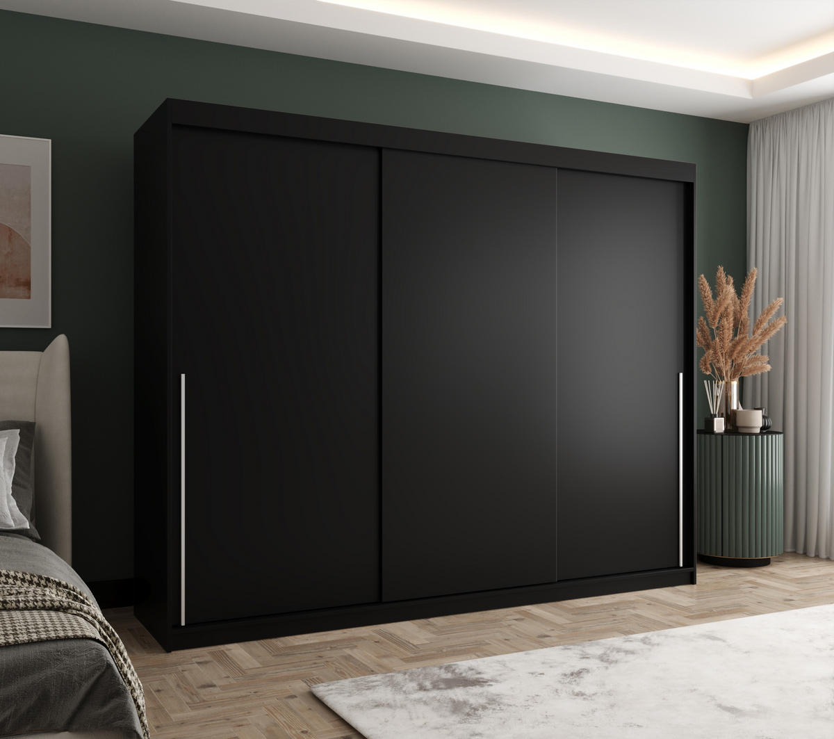 SCHIEBETÜRENSCHRANK 250 cm Breite, schwarz mit silbernem Griff - Silberfarben/Schwarz, Holzwerkstoff (250/200/62cm) - Home Collective