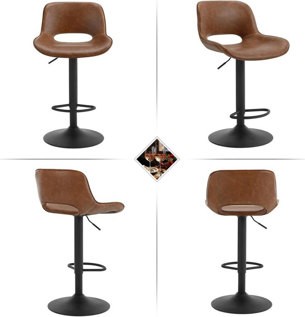 BARHOCKER 4er Set, Kunstleder Metall, Braun - Schwarz/Braun, Kunststoff/Metall (49/84/49cm) - Woltu