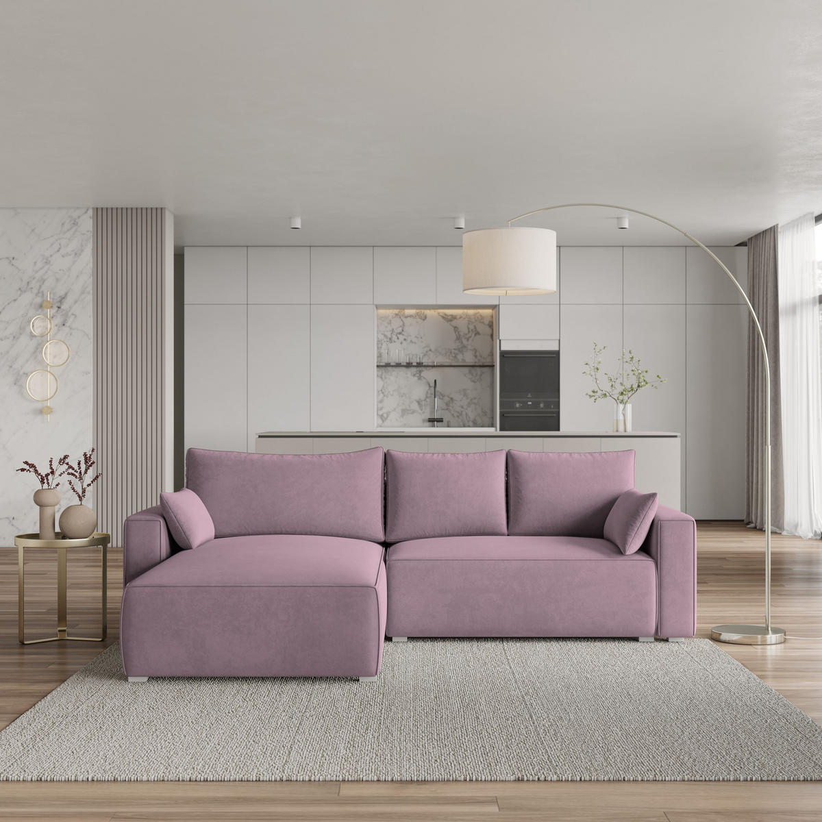 ECKSOFA FORIL Lila Velours-Stoff mit Schlaffunktion - Lila, Holz (265/178cm) - MASSENO