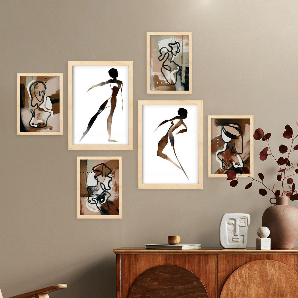 POSTER Set Mit 6 Weibliche Körpertugend Abstrakt Größe A3 & A4 Rahmen aus hellem Holz - Beige, Papier (29.7/1cm) - Nacnic
