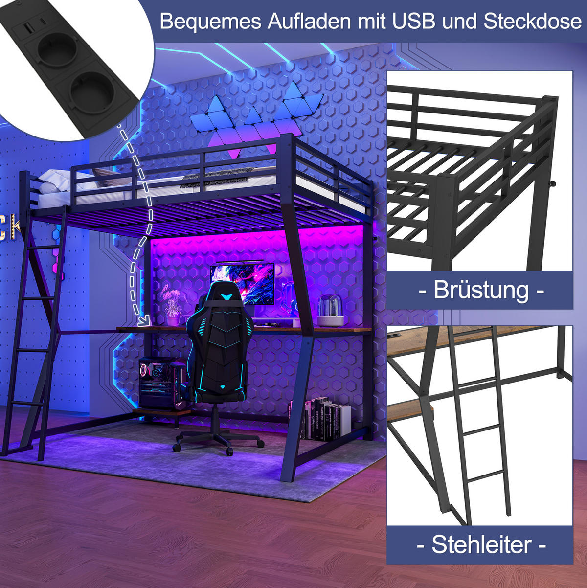 HOCHBETT aus Metall und MDF 140x200 cm Schwarz mit Schreibtisch, LED-Beleuchtung und USB-Anschluss - Schwarz, Metall (140/200cm) - IVMEU