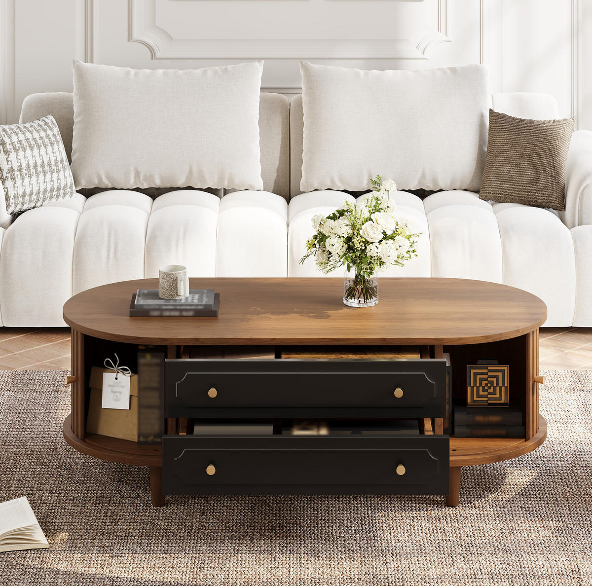 COUCHTISCH 100/50/36 cm in Walnussoptik mit 2 Schubladen und Rolltüren - Walnussfarben, Holzwerkstoff (100/50/36cm) - Flora Grace