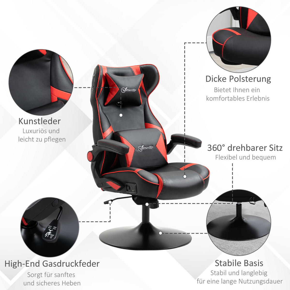 GAMING Stuhl mit runder Bodenplatte, drehbar & neigbar, ergonomischer Sessel, Schwarz-Rot - Rot, Leder (69/112/73cm) - BRILVERDE