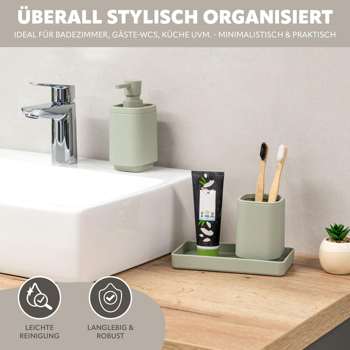 BAD-ACCESSOIRES-SET VALONA, Soft-Touch, Salbei - Salbeigrün, Kunststoff (18/2.5/9.5cm) - eluno