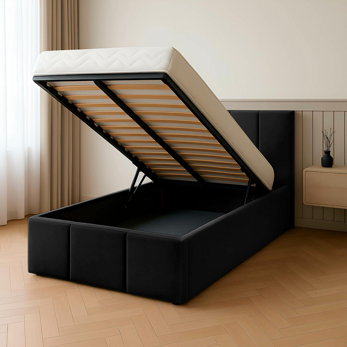 POLSTERBETT für Schlafzimmer Bett mit Stauraum Schwarz 90x200cm Kopfteil 110cm - Schwarz, Holzwerkstoff (90/200cm) - Muralo