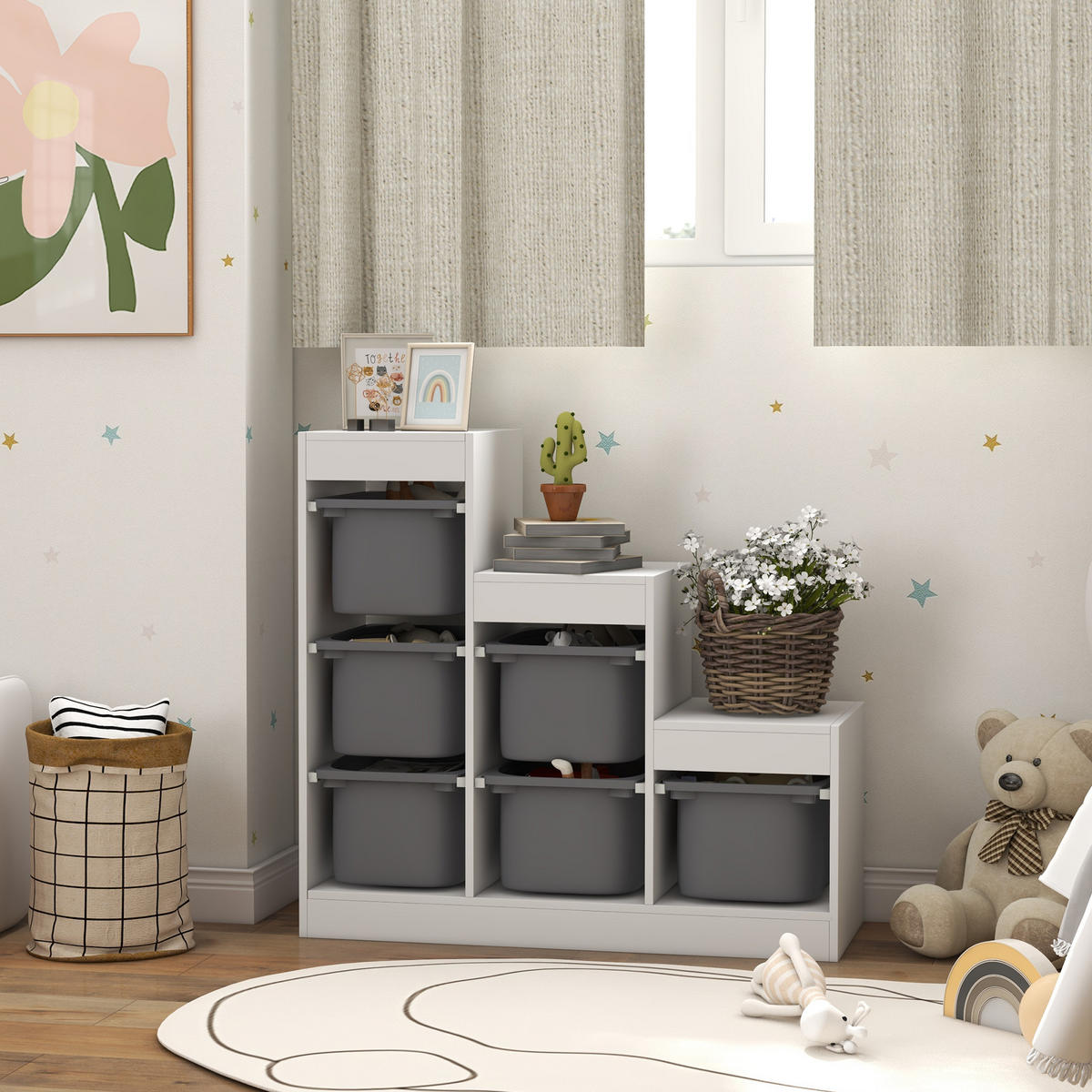 KINDERREGAL DE-17235 3 Ebenen & 6 herausnehmbare Boxen Grau - Grau, Metall (96/90/38.5cm) - ComfortXL