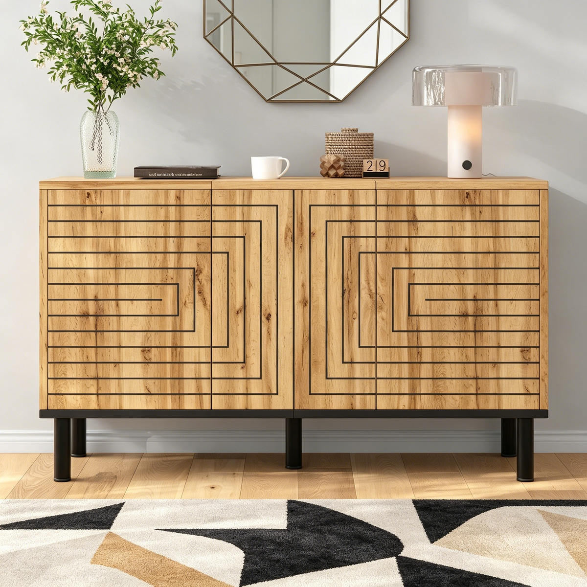 SIDEBOARD in Naturfarben mit 3 Türen für Esszimmer und Wohnzimmer, B120/T35/H68 cm - Schwarz/Naturfarben, Holzwerkstoff (120/68/35cm) - STILVORA