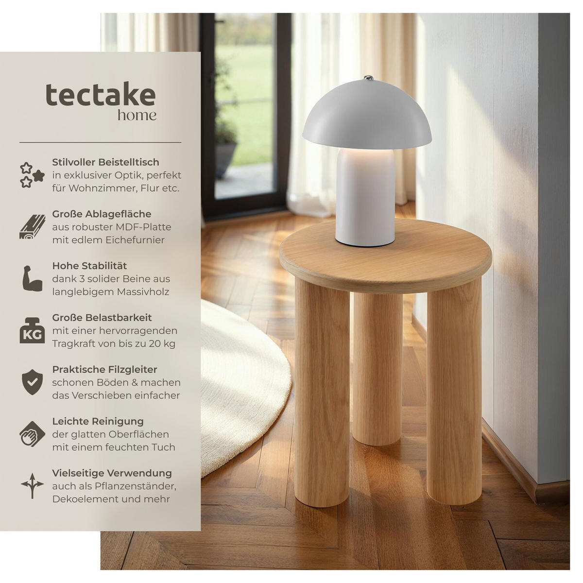 BEISTELLTISCH Sisi,bodenschonende Filzgleiter,Eiche hell - Eichefarben, Holz (40/40/45.5cm) - tectake