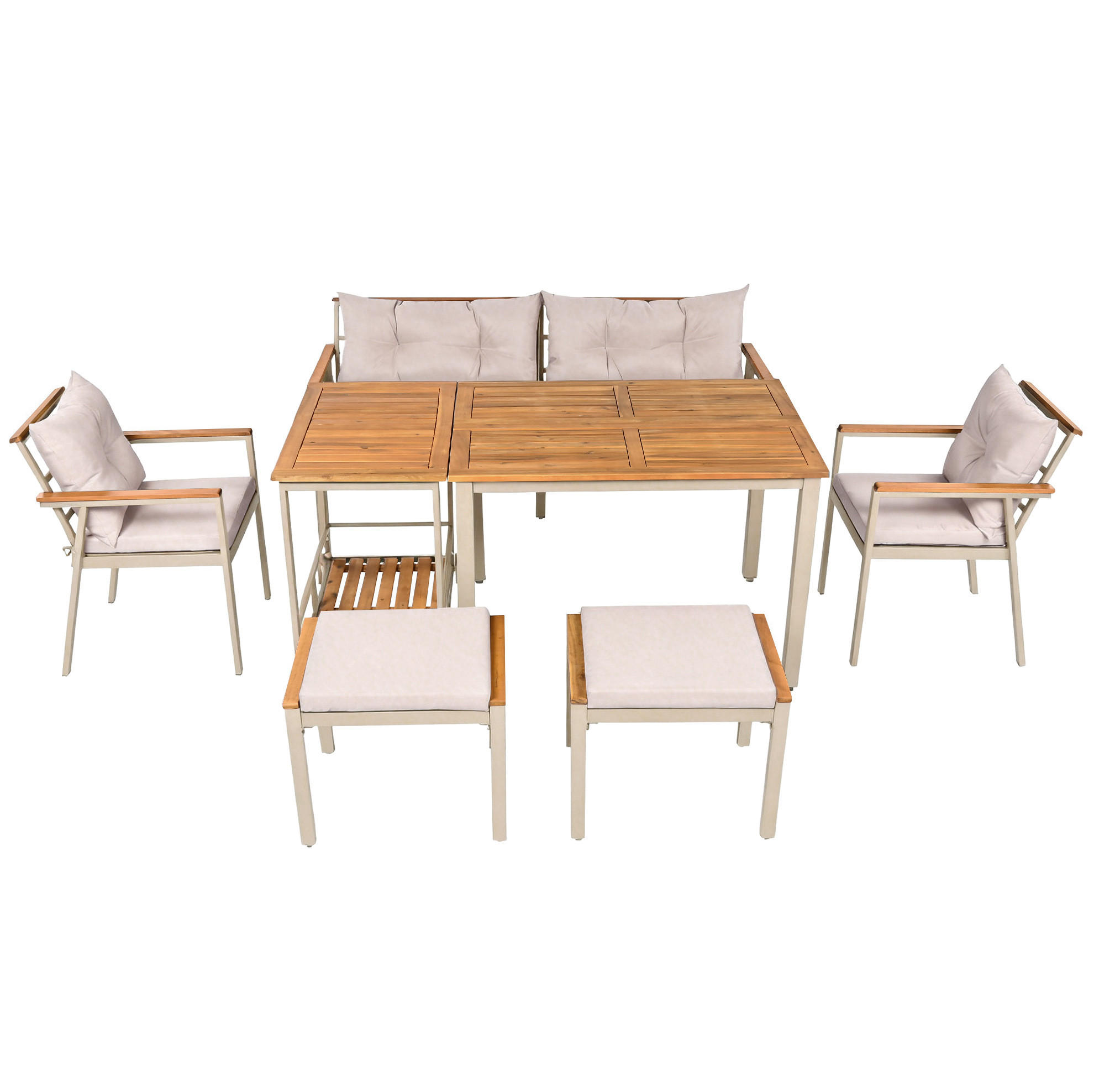 GARTEN-ESSGRUPPE 171/35/81 cm eige/Natur aus Akazienholz mit Servierwagen für 6-7 Personen - Beige, Metall - OKWISH