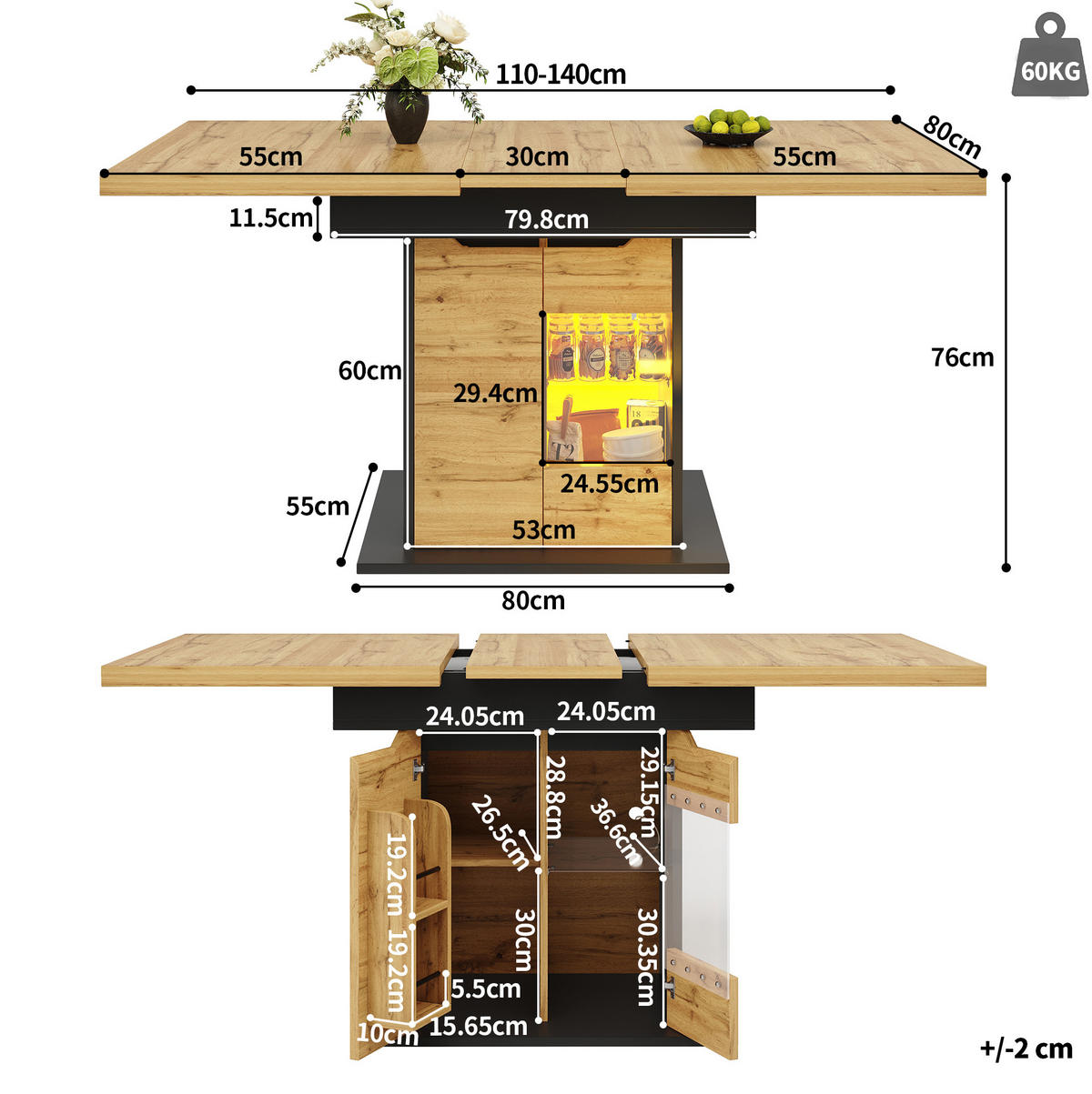 AUSZIEHTISCH 110-140/80/76 cm in Schwarz/Natur mit Stauraum & LED - Naturfarben, Holzwerkstoff (80/140/76cm) - BEAOK