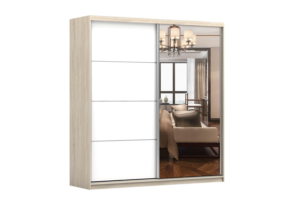 SCHIEBETÜRENSCHRANK - Schrank POSA 42 Sonoma + Weiß - Weiß/Sonoma Eiche, Holzwerkstoff (203/218/61cm) - Möblo