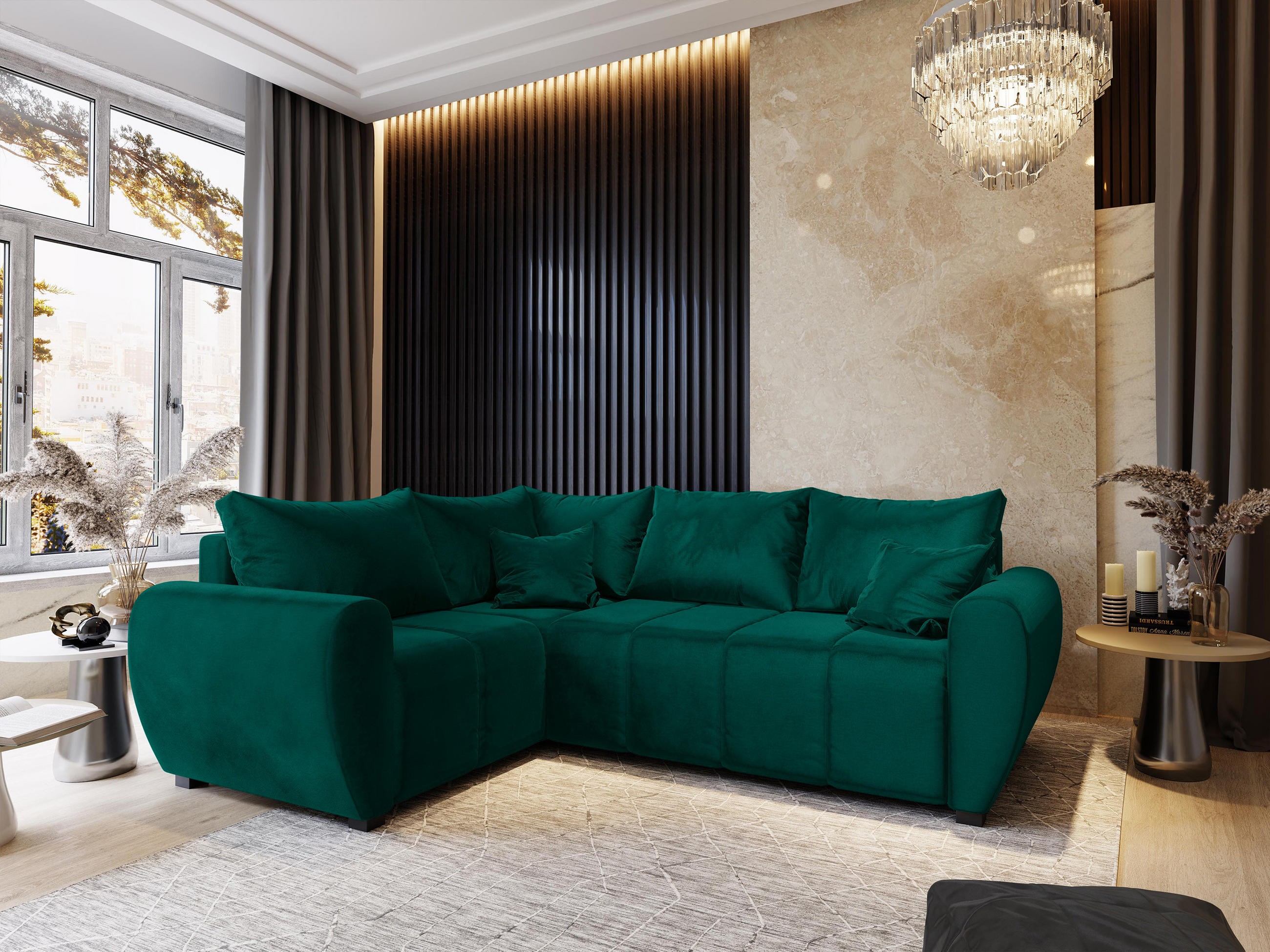 ECKSOFA MADISON L L-S Grün Plüsch-Stoff mit Schlaffunktion - Grün, Holz (235/175cm) - MASSENO