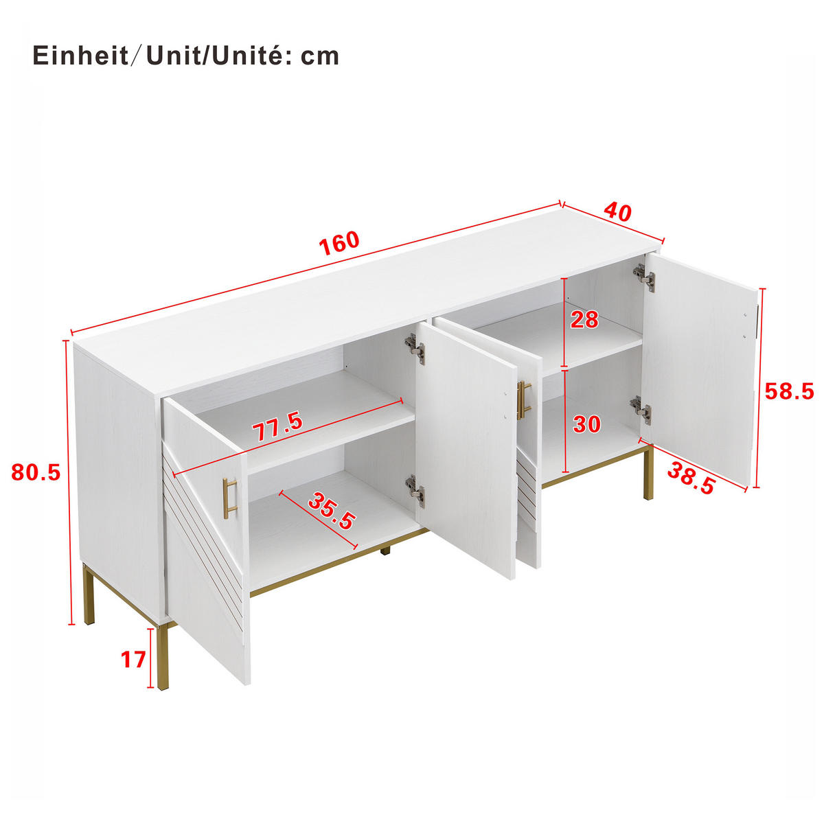 SIDEBOARD 160/40/80.5 cm Weiß mit Holzmaserung aus MDF mit 4 Türen - Weiß, Holzwerkstoff (40/80.5/160cm) - OKMYHOME