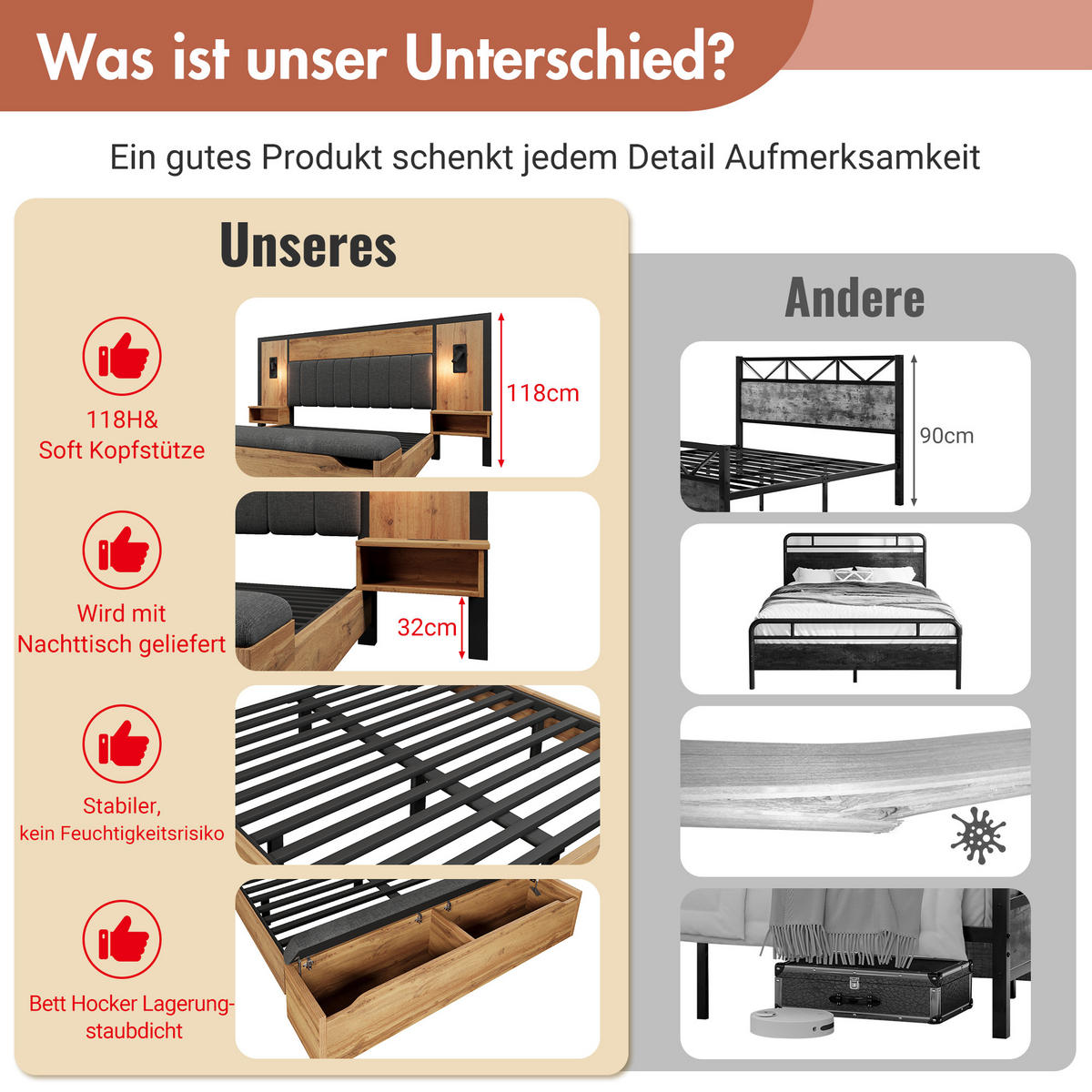 BETTANLAGE 160/200 cm in Eiche mit Leselampen, USB, Type-C, Nachttischen und Sitzbank Metall, MDF & Leinen - Eichefarben/Grau, Holzwerkstoff/Textil (160/200cm) - STILVORA