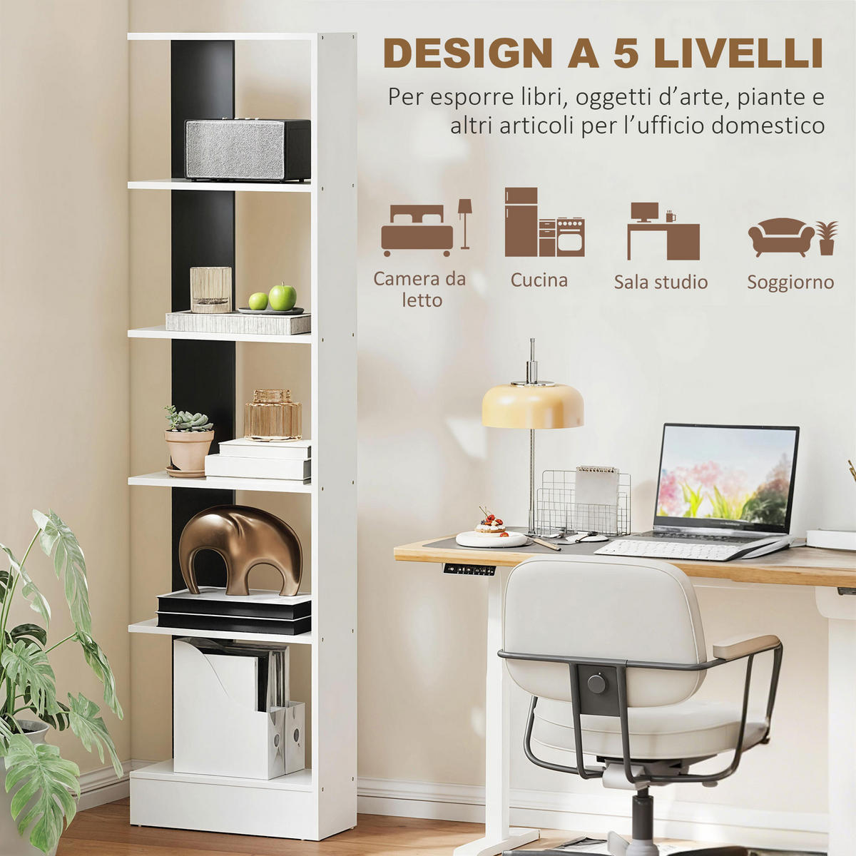 BÜCHERREGAL,5-STÖCKIG 45x21x170cm,schwarz-weiß - Schwarz, Holzwerkstoff (45/170/21cm) - Vallsero