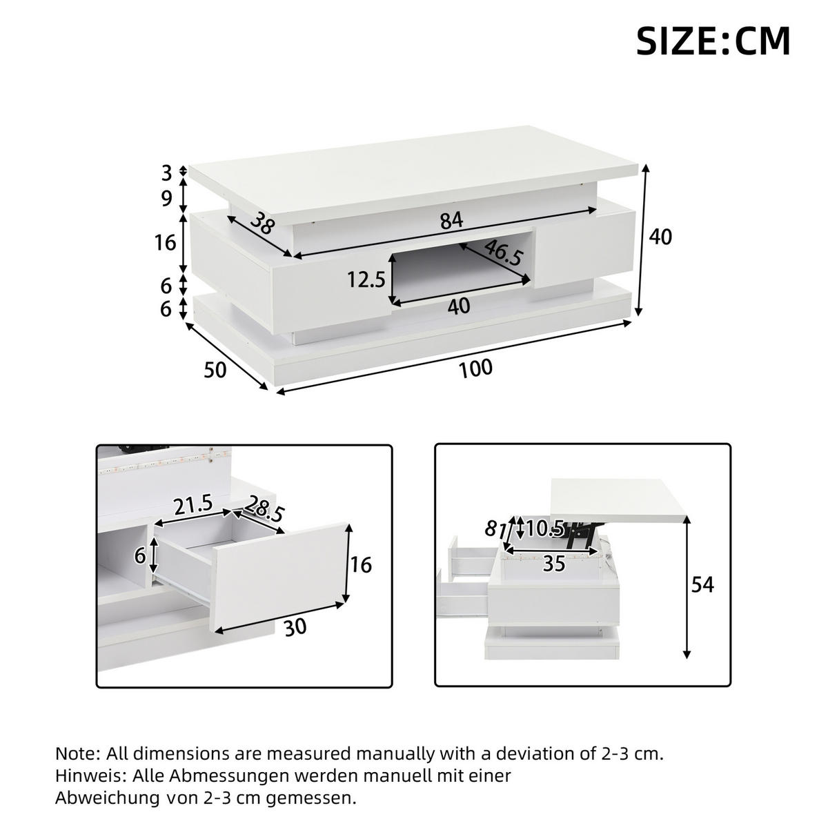 COUCHTISCH 100/50/40 cm höhenverstellbar mit LED, USB-Anschluss, 2 Schubladen und Stauraum, Weiß - Weiß, Holzwerkstoff (100/50/40cm) - Redom