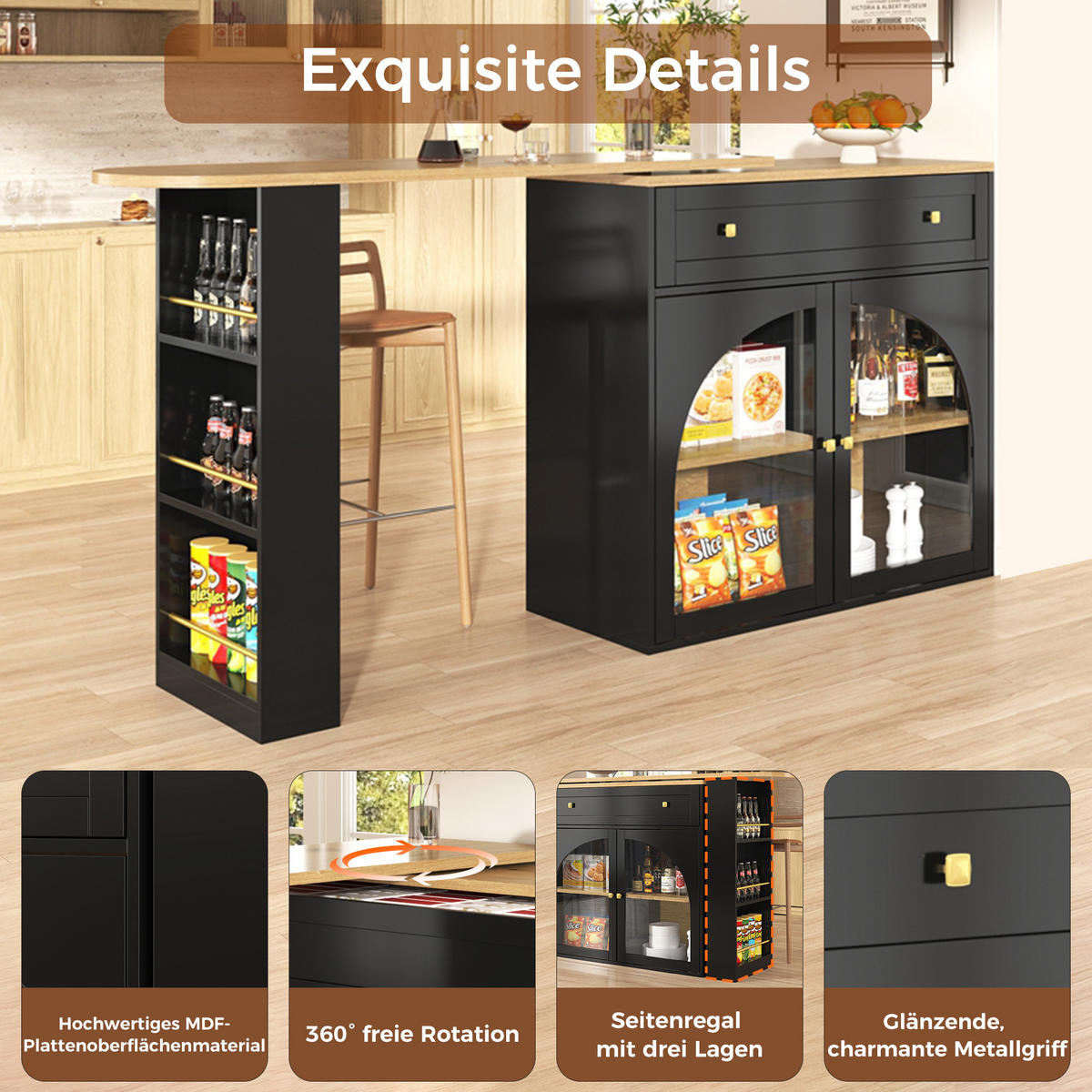 BARTISCH, MDF ausziehbar 138-204/39/104 cm mit Stauraum & 360° drehbar, Schwarz - Schwarz, Holzwerkstoff (39/104/138cm) - Redom