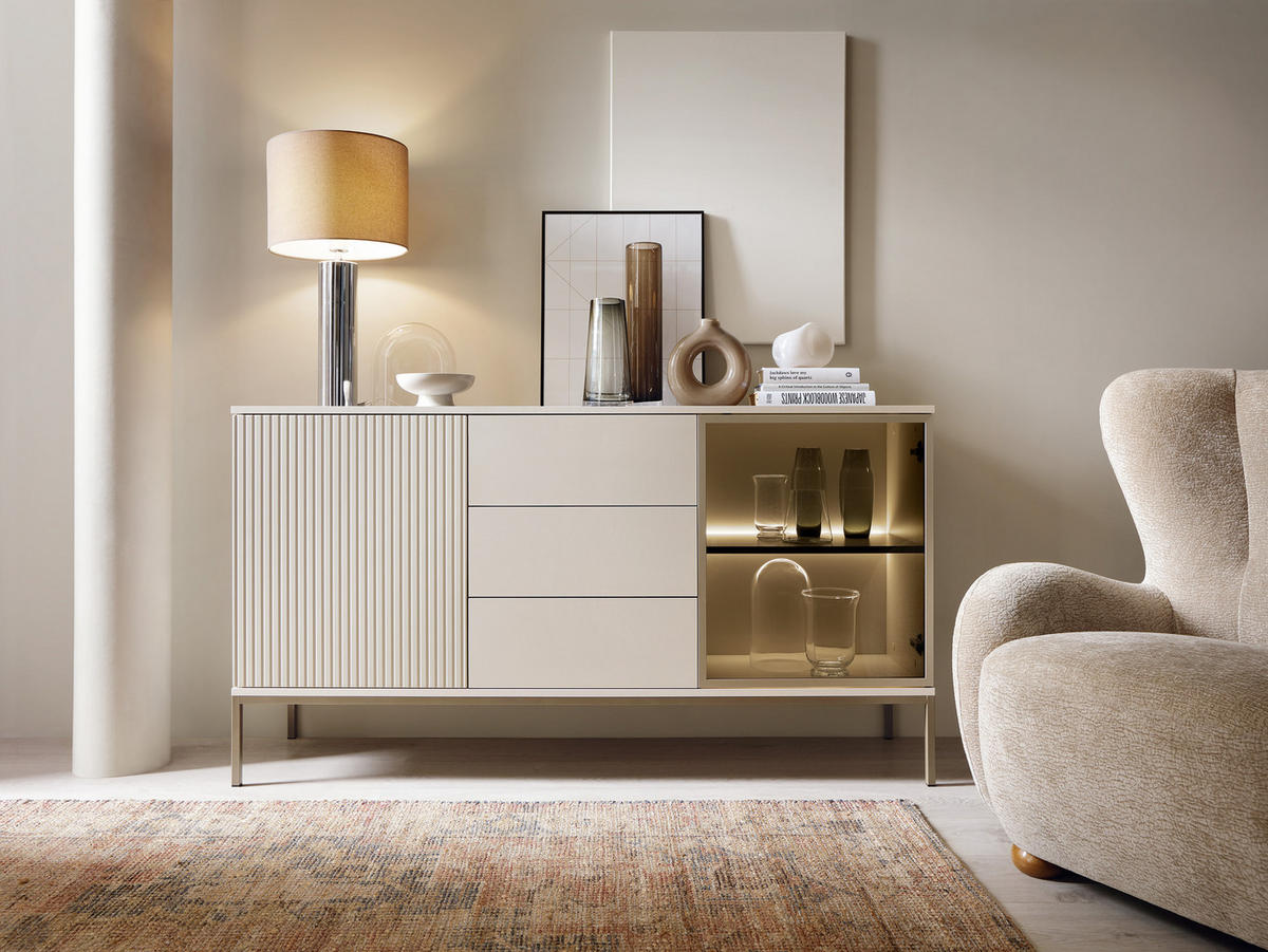 KOMMODE 150 cm Haller mit Schubladen, LED-Beleuchtung, Lamellen, Kaschmir - Beige, Holz (154/83/39cm) - Emporius