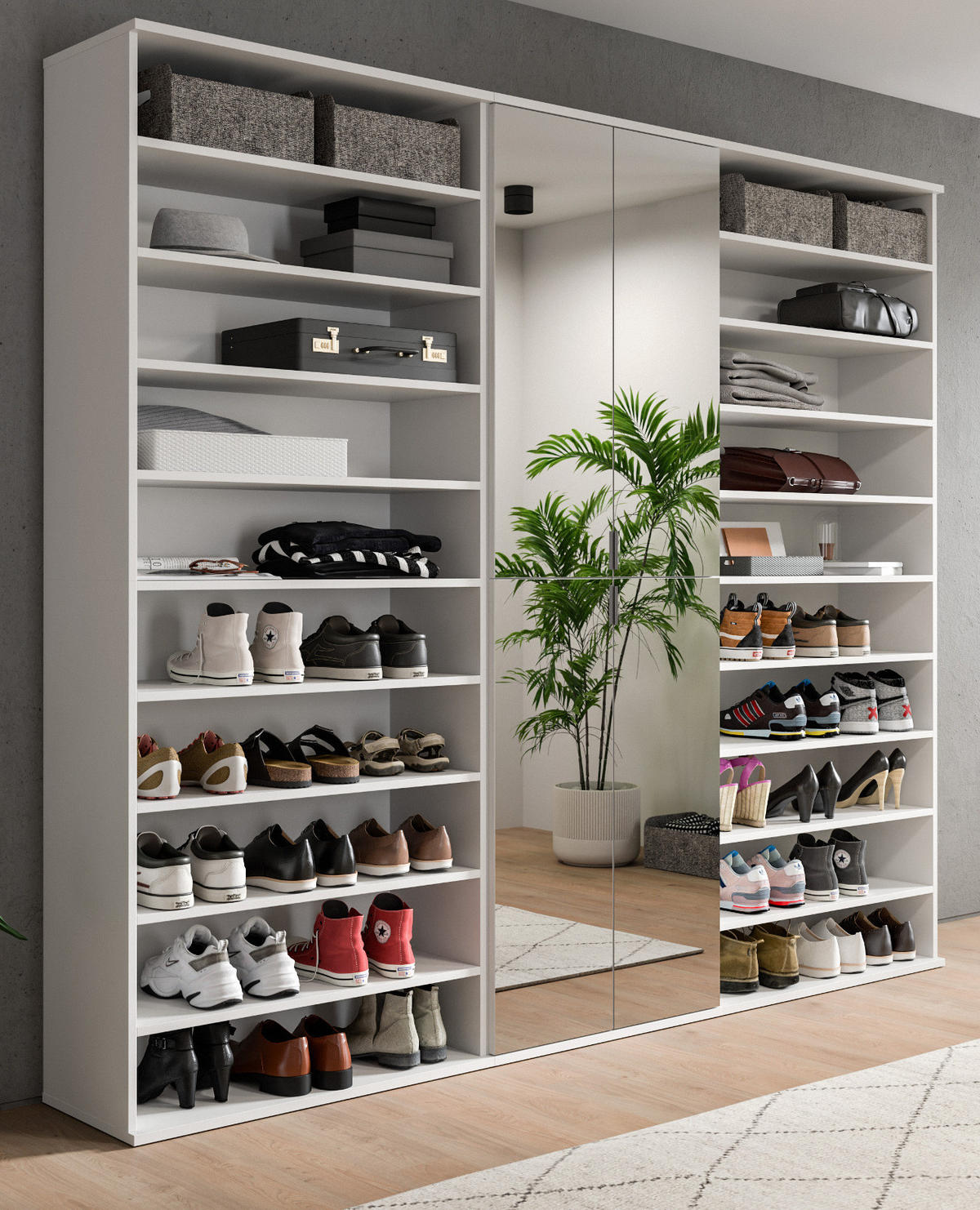 GARDEROBENSCHRANK weiß 221 cm, Schuhschrank XXL mit 29 Fächern - Chromfarben/Weiß Hochglanz, Glas/Holzwerkstoff (221/193/34cm) - Inn.Furn