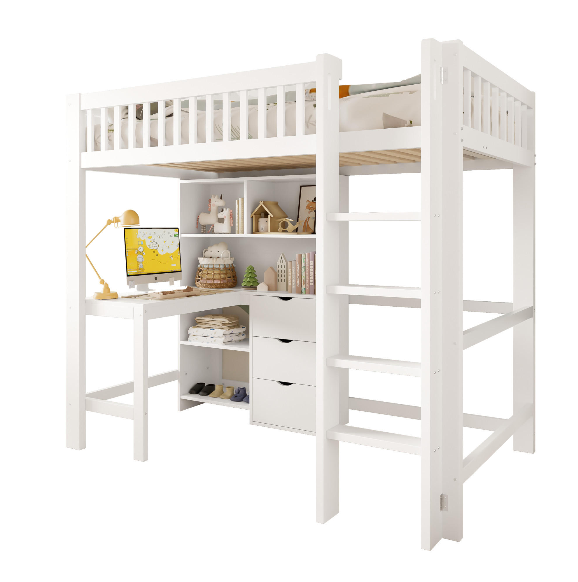 HOCHBETT 90/200 cm Weiß aus Kiefernholz und MDF mit Schreibtisch - Weiß, Holz (90/200cm) - OKMYHOME