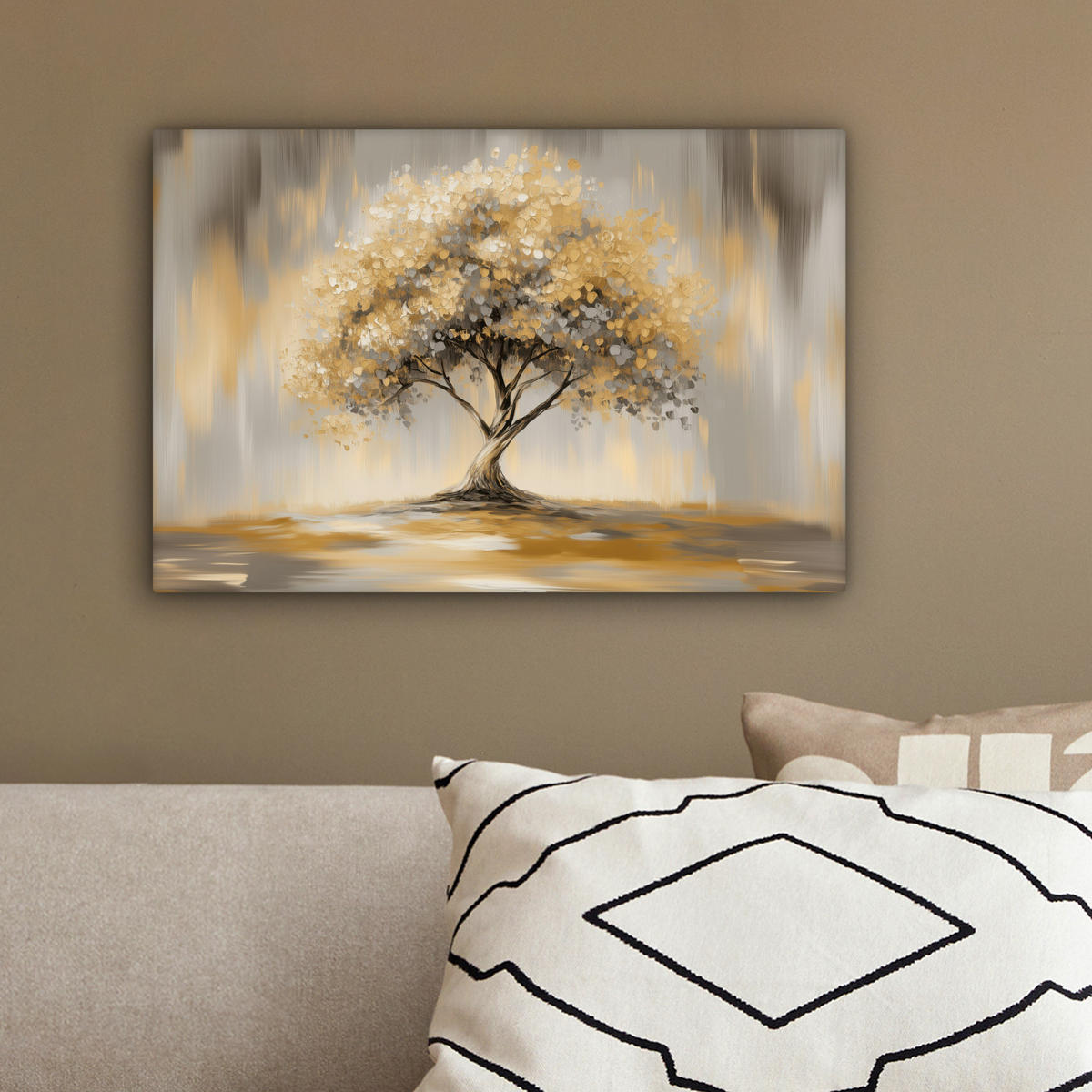 LEINWANDBILD Gemälde - Baum - Abstrakt - Blätter Deko Schlafzimmer 30x20 cm - Beige, Textil (30/20cm) - MuchoWow