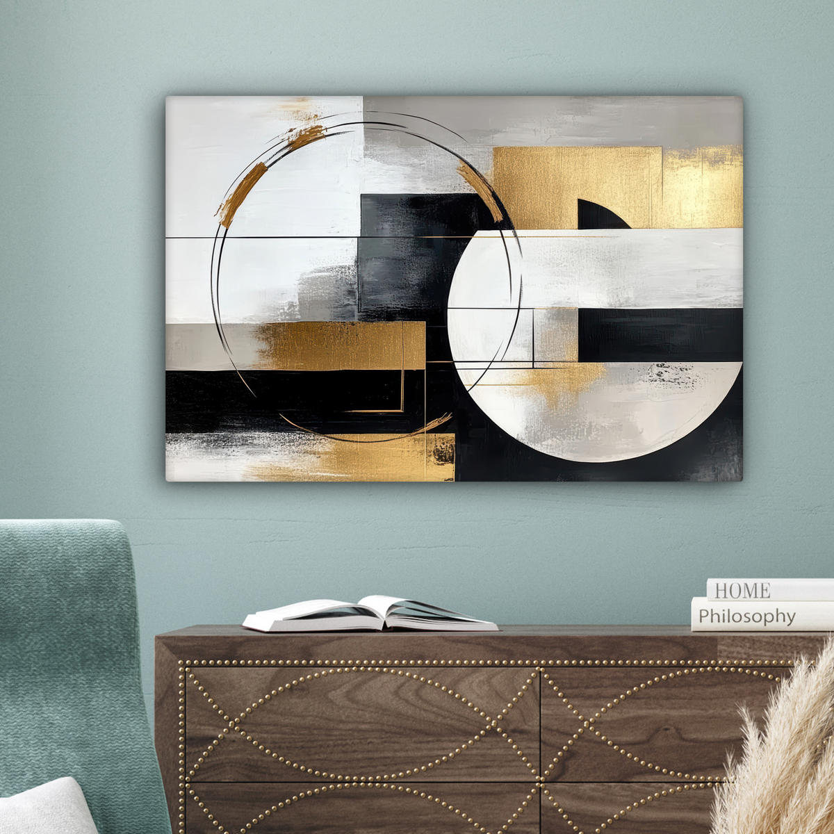 LEINWANDBILD - Abstrakt - Gold - Silber - Formen - Ästhetik - 90x60 - Deko Wohnzimmer - Multicolor, Textil (90/60cm) - MuchoWow