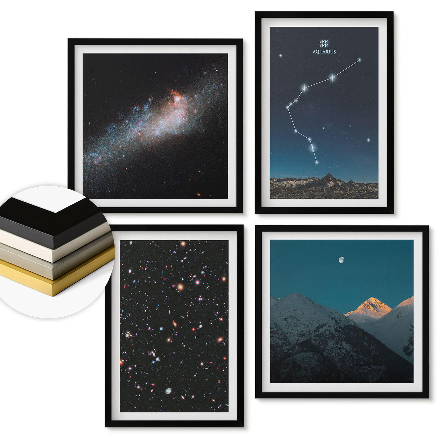 WANDBILDER 4er-Set - 50x50 cm & 40x60 cm Schwarzer Rahmen - Galaxienraum Wassermann-Berge - Schwarz, Kunststoff (50/50cm) - ArtPrintCave
