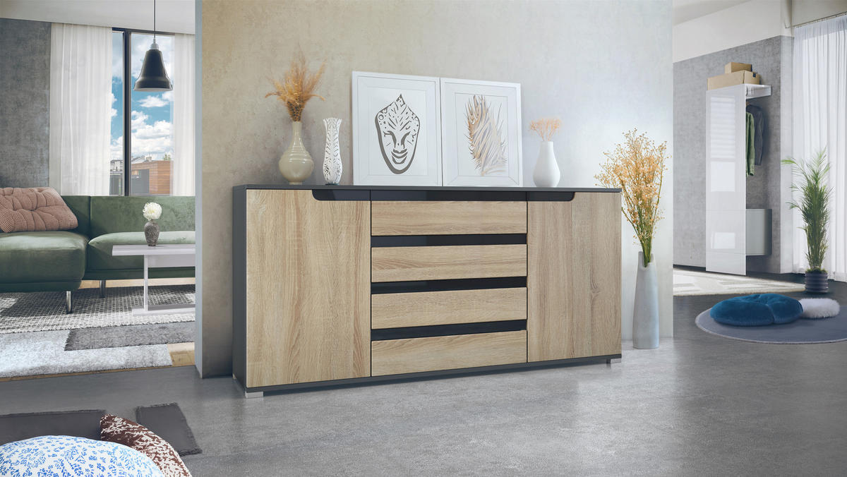 SIDEBOARD Sylt Eiche sägerau / Schwarz Hochglanz - Eiche San Remo, Holzwerkstoff (166.5/75.5/35cm) - Vladon