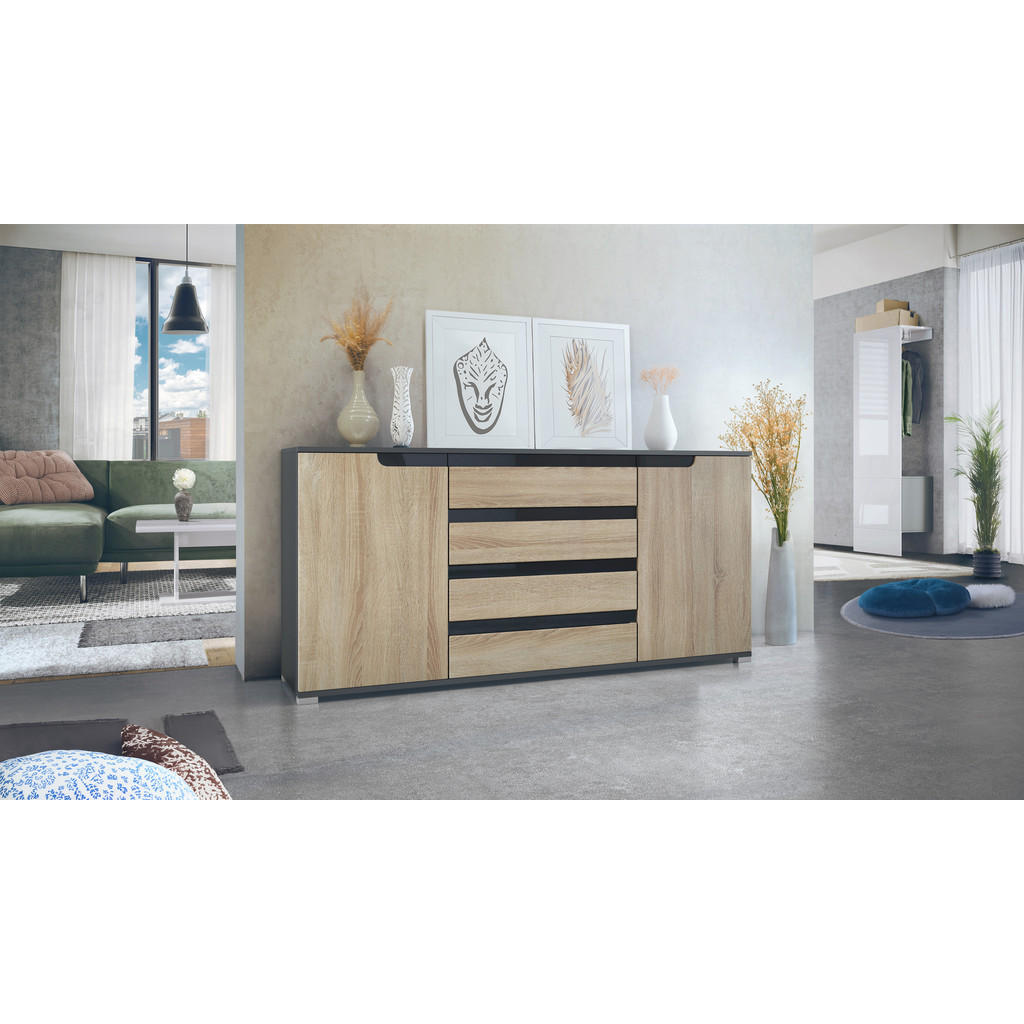 Thumbnail - Vladon Sideboard, Eiche San Remo, Holzwerkstoff, 166.5x75.5x35 cm, Wohnzimmer, Kommoden & Sideboards, Sideboards