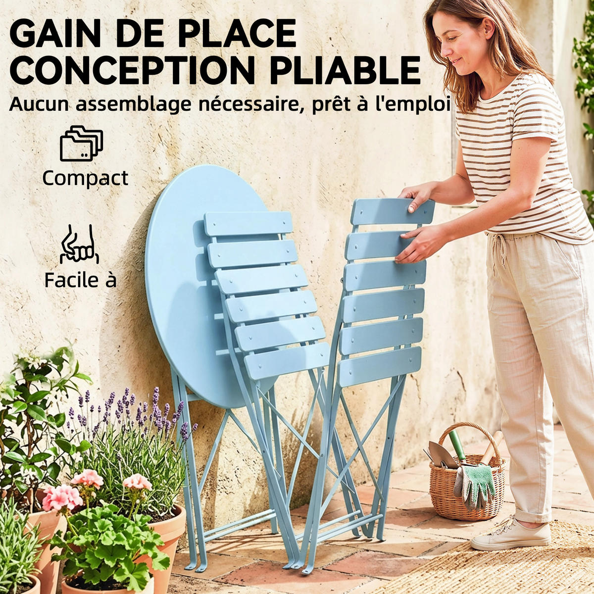 BALKONSET 3-teilig DE-14231 klappbar, Lattenrost Hellblau - Hellblau, Metall - ComfortXL