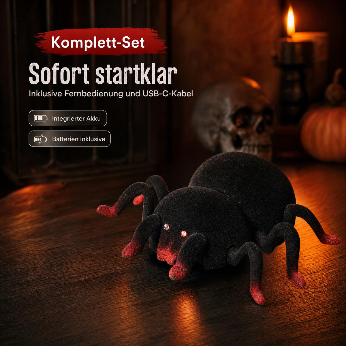 HALLOWEEN-SPINNE Ferngesteuert - mit 360° Rotation, leuchtenden Augen und beweglichen Beinen für gruselige Deko, Akku betrieben - Weiß, Kunststoff (15/12.3/4.5cm) - Northpoint