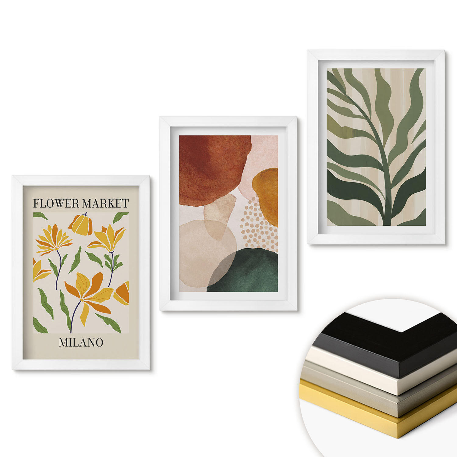 WANDBILDER 3er-Set - 20x30 cm Weißer Rahmen - Florale abstrakte Formen - Weiß, Kunststoff (20/30cm) - ArtPrintCave