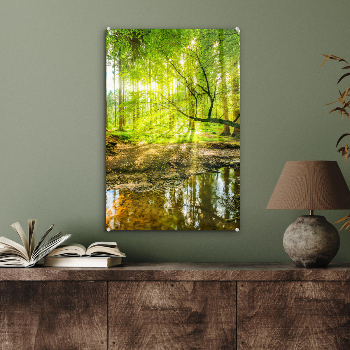 ACRYLGLASBILD Wald - Landschaft - Wasser - Bäume - Sonne - Grün - Natur 40x60 cm - Grün, Glas (40/60cm) - MuchoWow