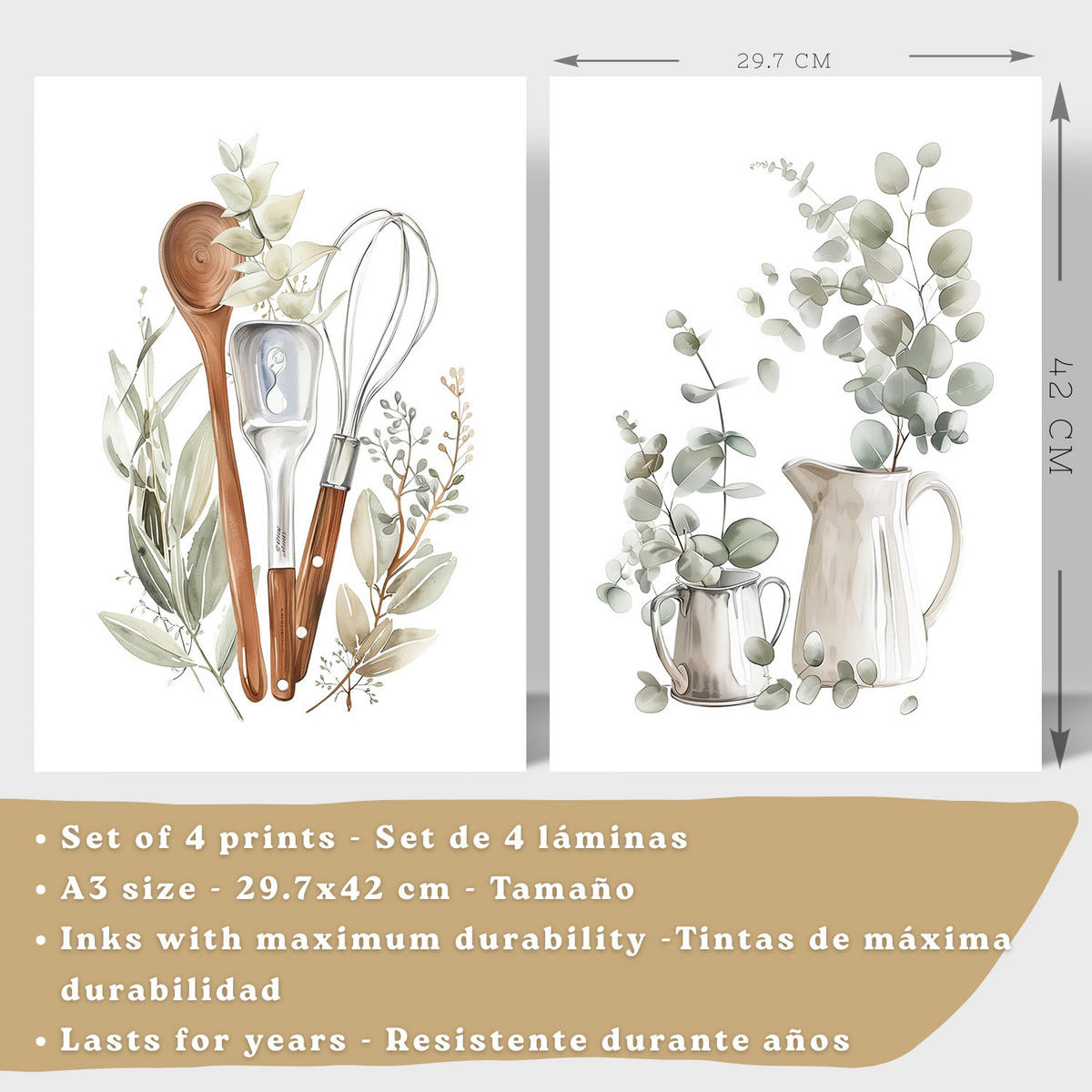 PLAKAT Sada 4 dekorativních nástěnných tisků, Botanická kuchyně. Bohémský venkovský styl. Rustikální kuchyně. Velikost Bezrámové A3 - čirá, papír (29.7/42/3cm) - Nacnic