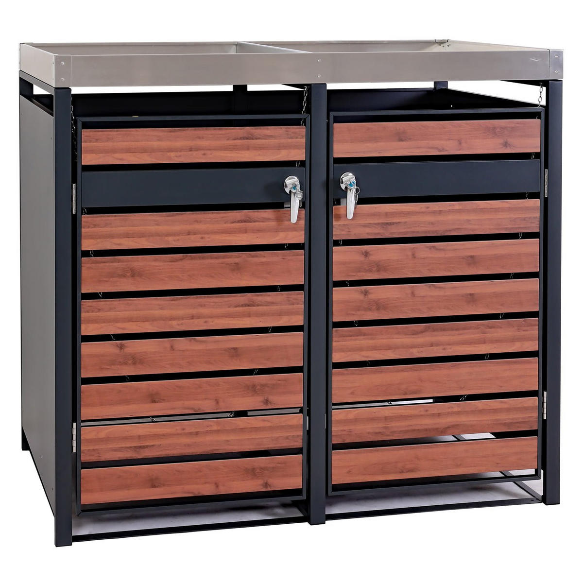 MÜLLTONNENBOX 2er mit Pflanzkasten 125x132x80cm Anthrazit Kirsche-Holzoptik erweiterbar - Kirschbaumfarben, Metall (132/125/80cm) - PROREGAL