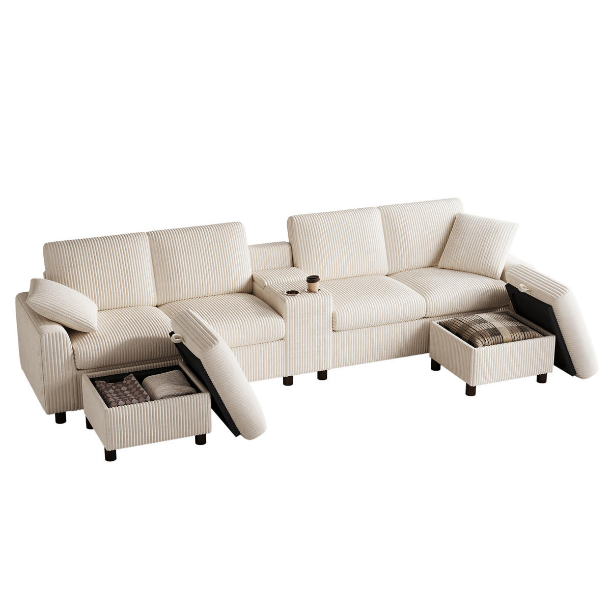 U pohovka 315/135/81 cm béžová z manšestru s úložnými taburety a USB nabíjením - béžová, textil (315/81/135cm) - OKWISH