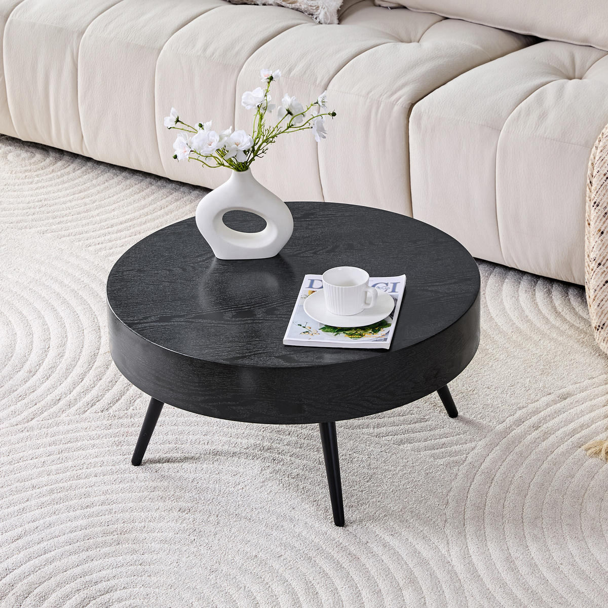 RUNDER COUCHTISCH Holzoptik Schwarz - Schwarz, Metall (70/70/35.5cm)