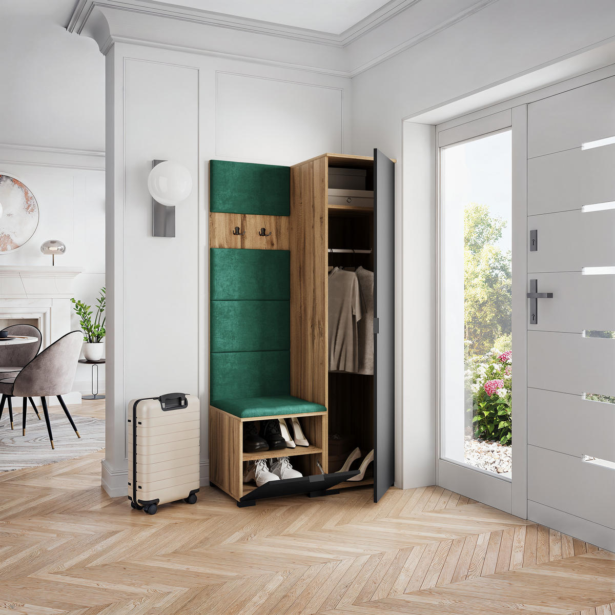 GARDEROBENSCHRANK LORI 95/181/51 cm Modern Garderobe-Set Eiche Wotan - Eiche Wotan/Schwarz, Holzwerkstoff (95/181/51cm) - MASSENO