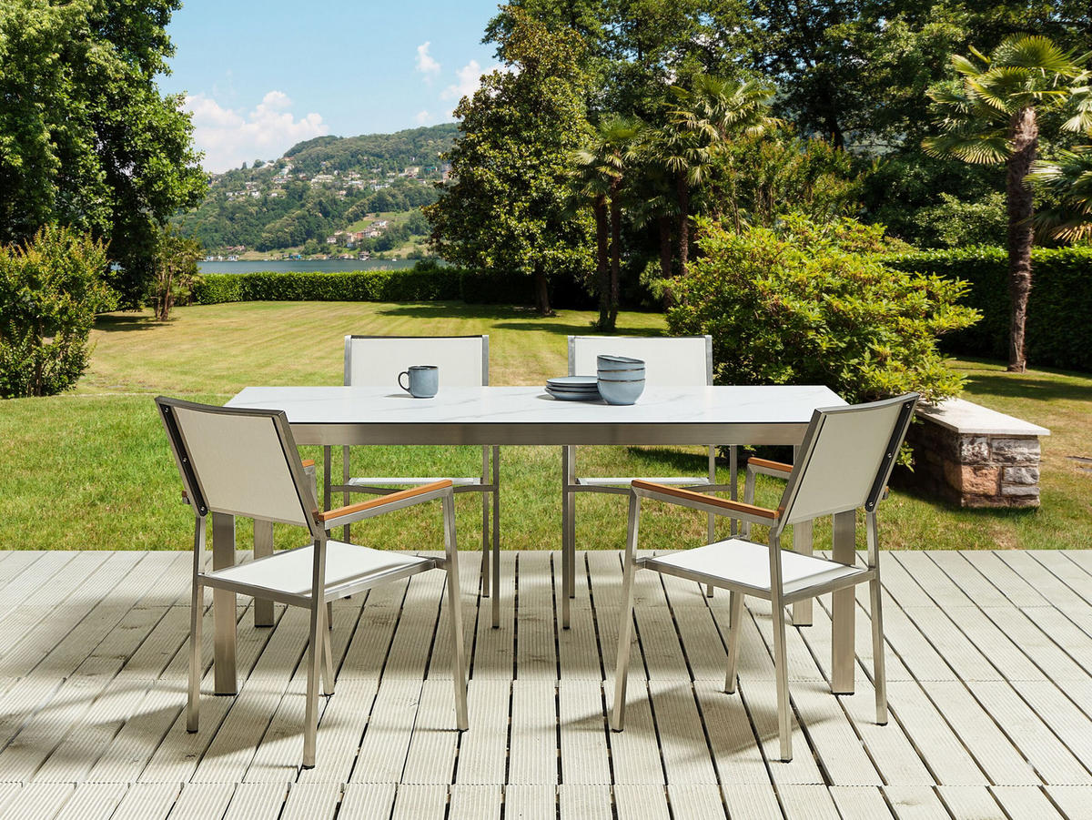 GARTENMÖBEL SET 4-Sitzer Keramik-Glas Marmor Optik cm Textil weiß Cosoleto/Grosseto - Silberfarben/Weiß, Glas - Beliani