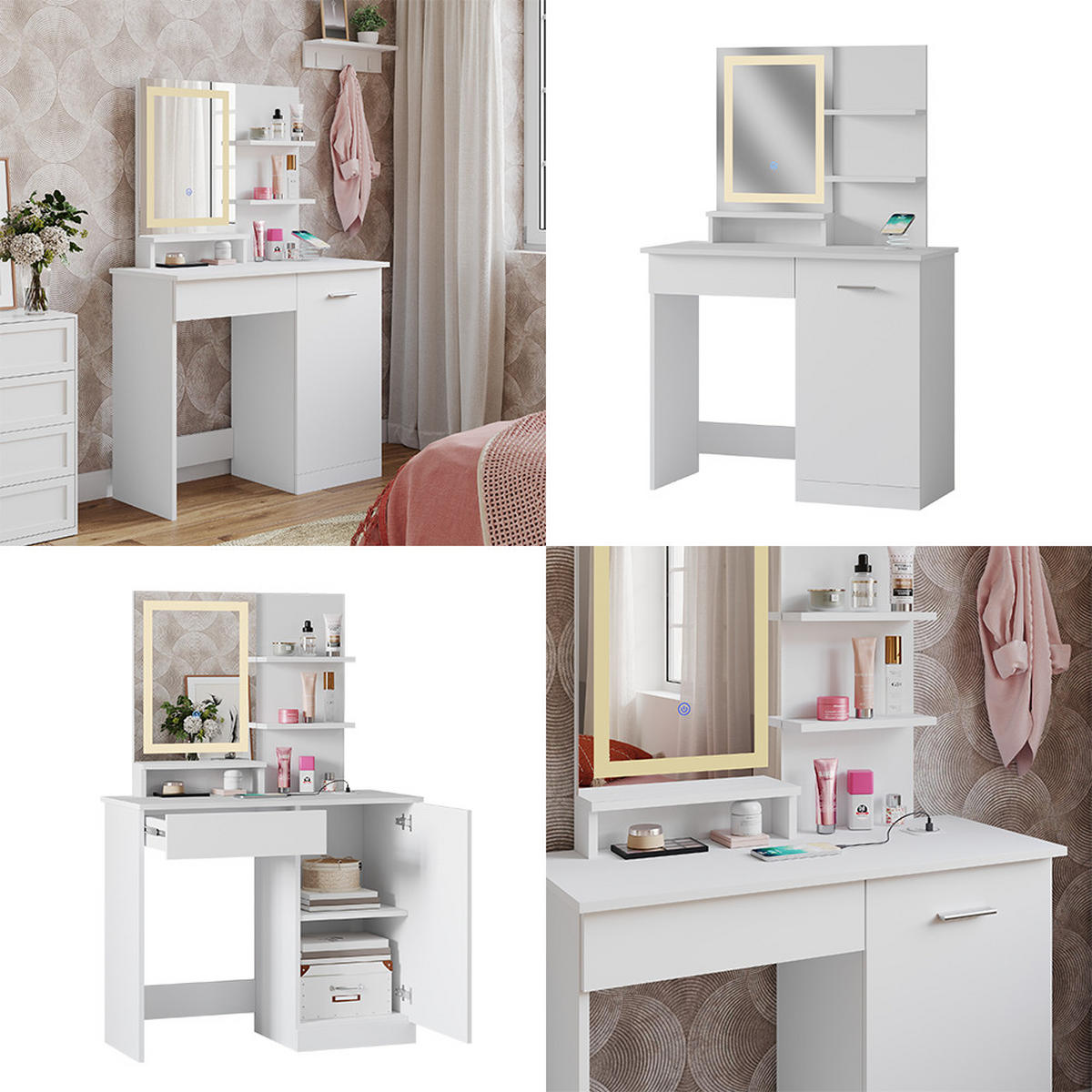 SCHMINKTISCH Julia Weiß 90 cm mit LED-Spiegel und QI-Ladestation - Weiß, Holzwerkstoff (90/137.5/38cm) - Vicco