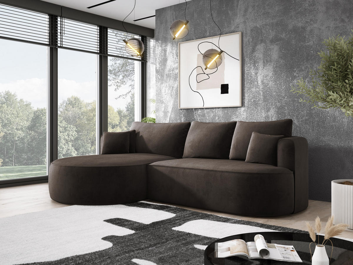 ECKSOFA FIORE L-förm Moderne Ausziehbare Schlaf-Funktion, automatischer Auffaltung, lose Rückenkissen freistehend LINKS 284x183x82cm Brown - Braun, Holz/Textil (183/284cm) - DomoHome