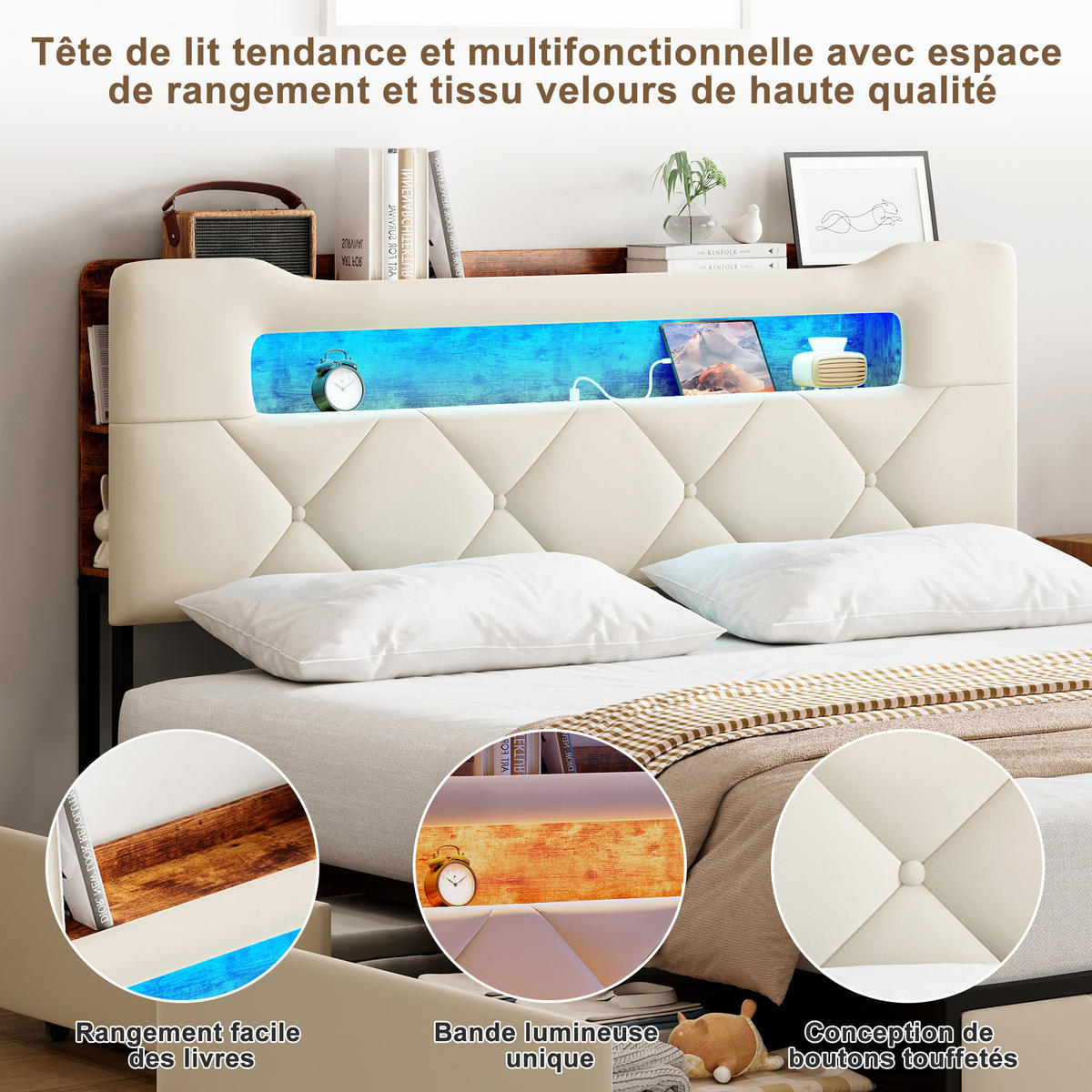 STAURUMBETT 160X200CM SAMT BEIGE LED KOPFTEIL 4 SCHUBLADEN - Beige, Holzwerkstoff - SHOPENTRA