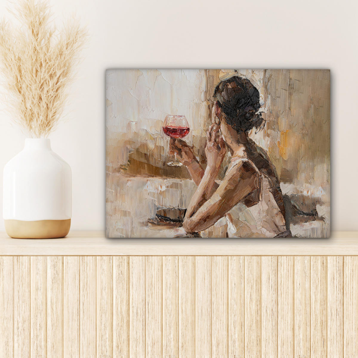 LEINWANDBILD Ölgemälde - Frau - Wein Wandbild 40x30 cm - Hellbraun, Textil (40/30cm) - MuchoWow