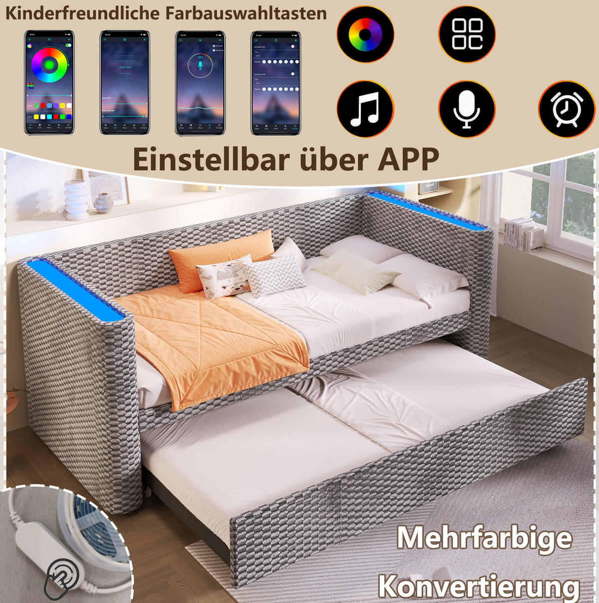 BETT 90/200 cm ausziehbar auf 180/200 cm in Grau – inkl. Lattenrost - Grau, Textil (90/200cm) - BEAOK