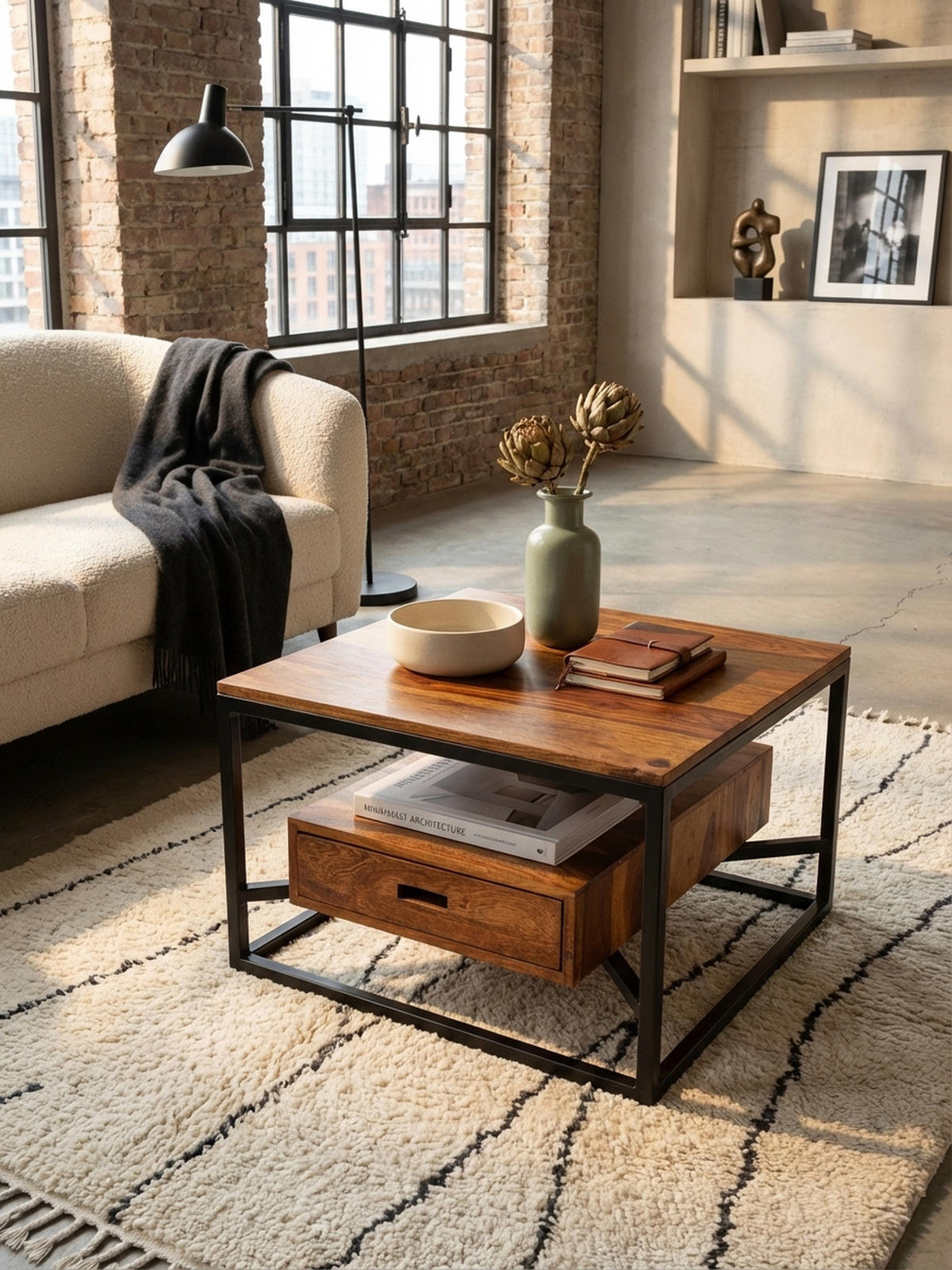 SOFATISCH Sheesham Massivholz und Metall, Quadratisch mit Schublade, Maße 60x60x40 cm - Schwarz/Braun, Holz/Metall (60/60/40cm) - KADIMA DESIGN